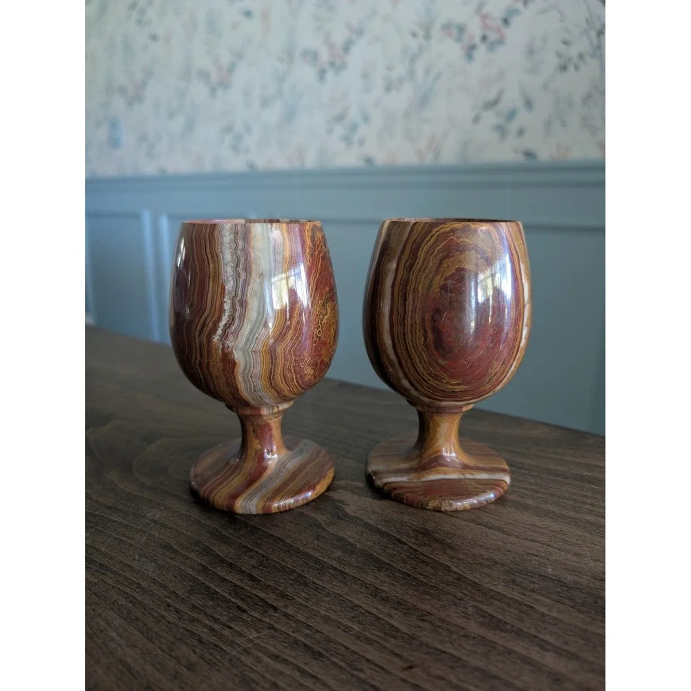 Hand Crafted Onyx Marble Banded Goblets Natural Stone Chalice Set 2 Wine Glasses